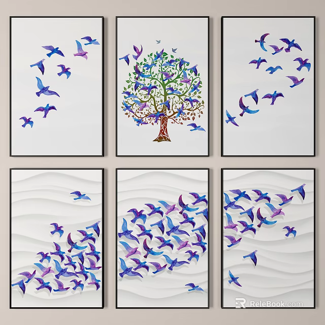 Six Panel Animal Paintings With Colorful Purple Blue Birds Tree Leaves And White Background 3d model 