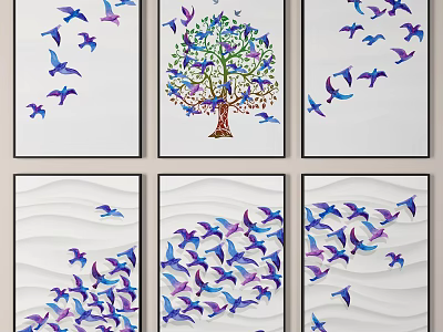 Six Panel Animal Paintings With Colorful Purple Blue Birds Tree Leaves And White Background 3d model