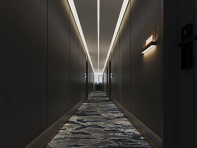 Elegant Modern Hotel Corridor With Soft Ceiling Lighting And Patterned Carpet Design 3d model