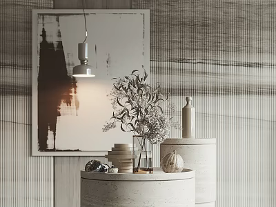 Modern Minimalist Decorative Ornaments Set With Abstract Art Hanging Lamp Vase And Round Pedestals 3d model