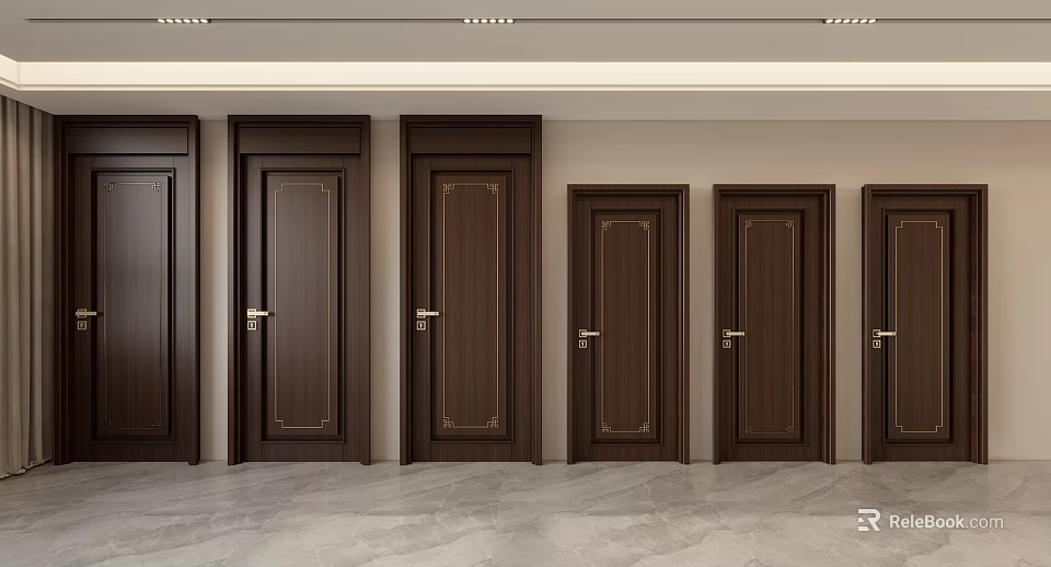 Wooden Hinged Doors In Dark Brown With Decorative Panels And Metal Handles 3d model 