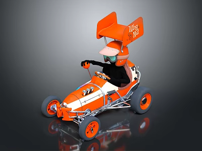 Orange And White Go Kart With Large Rear Wing And Helmeted Driver 3d model