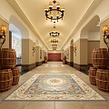 Elegant Wine and Tobacco Shop Lobby With Chandeliers Wooden Barrels and Decorative Rug
