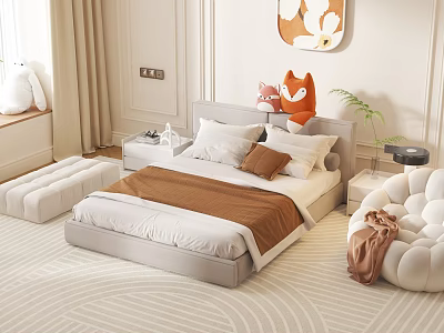 Cozy Double Bed with Gray Headboard White Brown Bedding Nightstand Stuffed Animals and Wall Decor 3d model