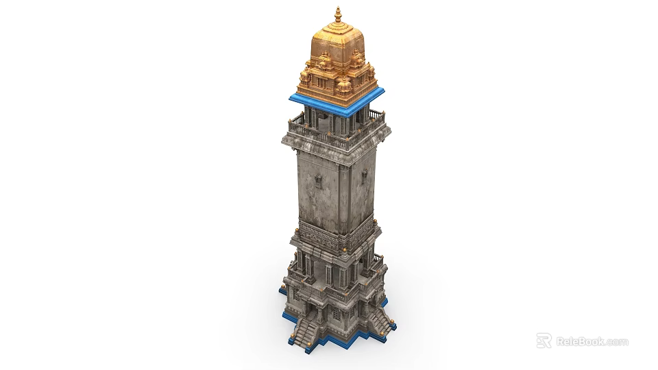 Classical Architectural Tower Component With Golden Dome Blue Base And Intricate Carvings 3d model 