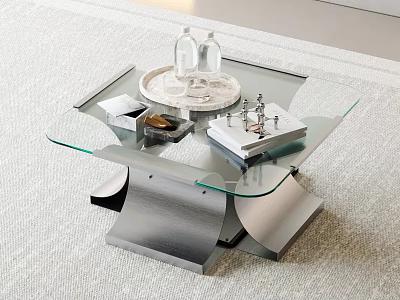 Modern Glass Top Coffee Table With Metal Frame And Transparent Bottles Tray Board Game 3d model