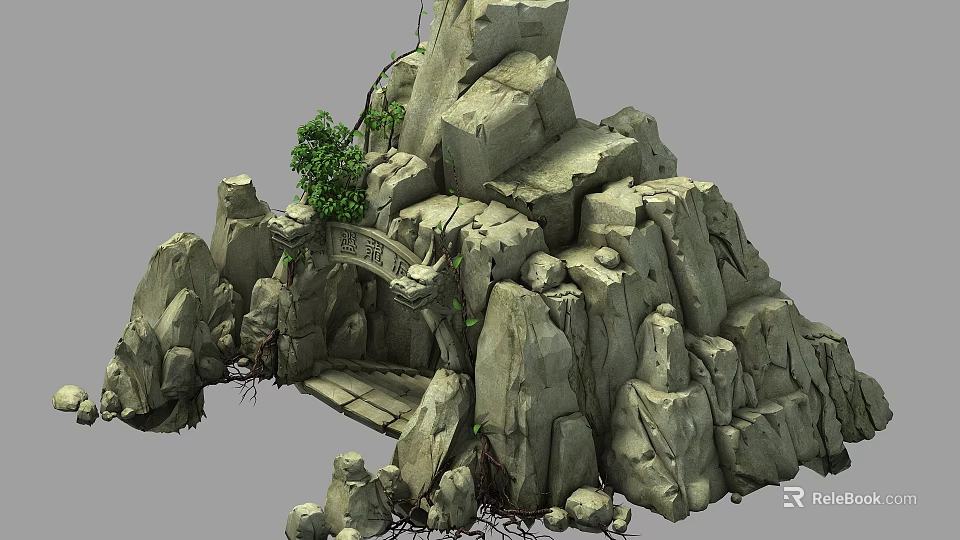 Traditional Chinese Rockery Landscape With Stone Archway Bridge And Green Plants 3d model 