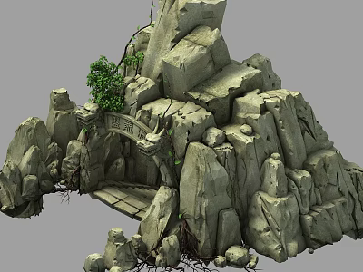 Traditional Chinese Rockery Landscape With Stone Archway Bridge And Green Plants 3d model