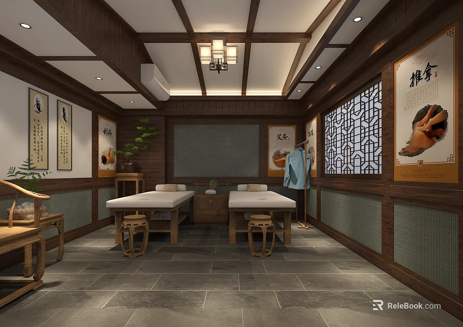 Traditional Chinese Massage Room Interior With Wooden Beams Massage Tables And Calligraphy Scrolls 3d model 