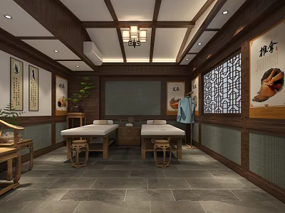 Traditional Chinese Massage Room Interior With Wooden Beams Massage Tables And Calligraphy Scrolls 3d model
