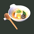 Tofu Soup with Chopped Green Onions Mushrooms in White Bowl and Wooden Spoon