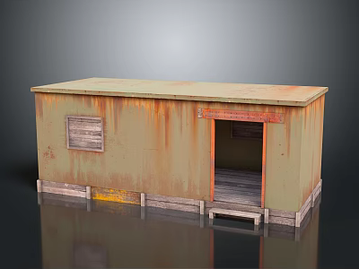 Cartoon Style Small Rusty Metal Shed With Open Doorway Wooden Base And Yellow Marks 3d model
