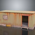 Cartoon Style Small Rusty Metal Shed With Open Doorway Wooden Base And Yellow Marks