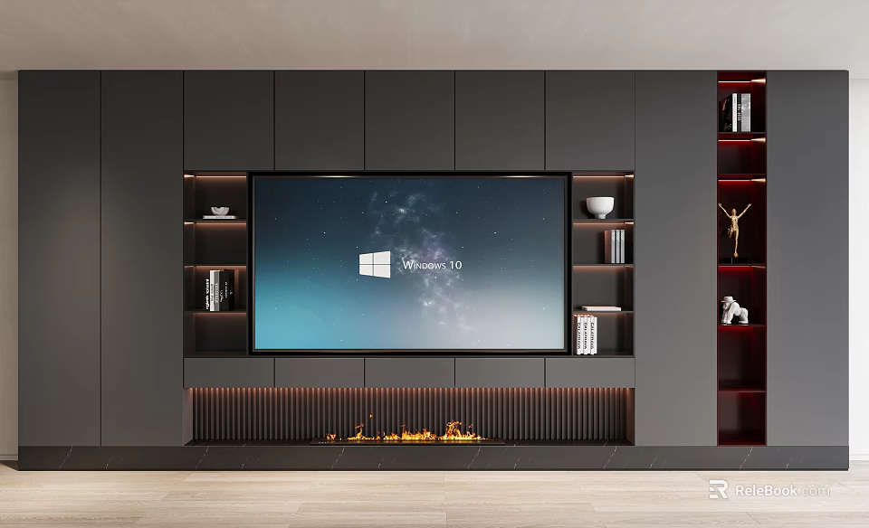 Modern TV Stand Design With Large TV Gray Cabinets Shelves And Flame Effect Lights 3d model 