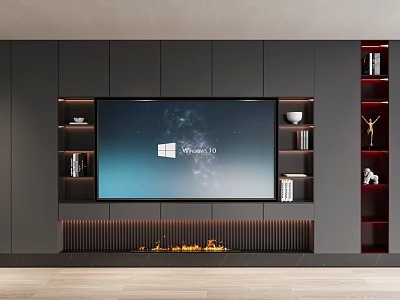 Modern TV Stand Design With Large TV Gray Cabinets Shelves And Flame Effect Lights 3d model