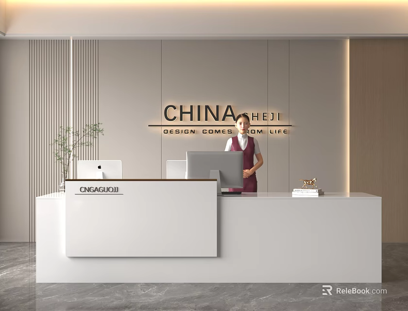 Modern Office Reception Desk Featuring Computer Signage Potted Plant And Standing Staff 3d model 