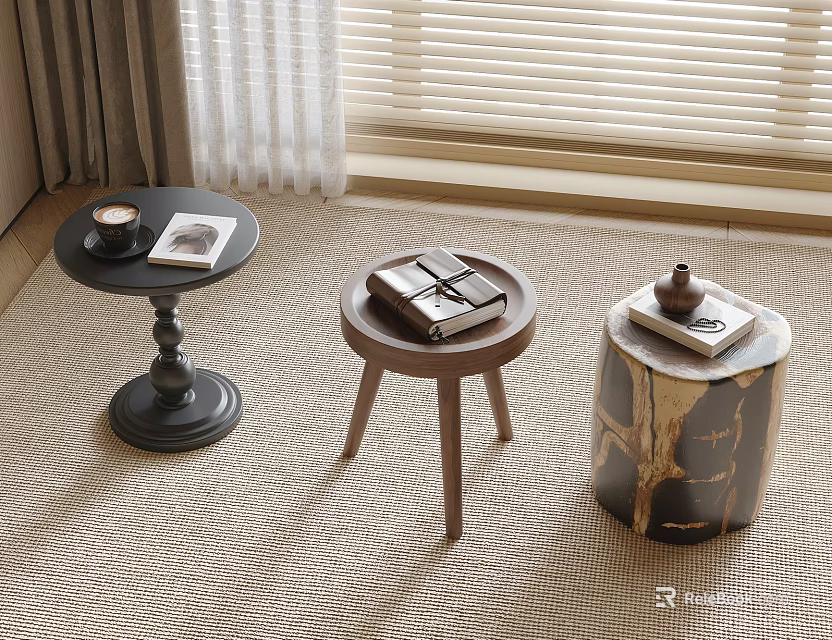 Various Style Side Tables for Living Room with Books Cup and Decor Items 3d model