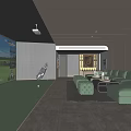 Indoor Golf Fitness Training Space With Green Putting Mat Golf Bag And Comfortable Seating Area
