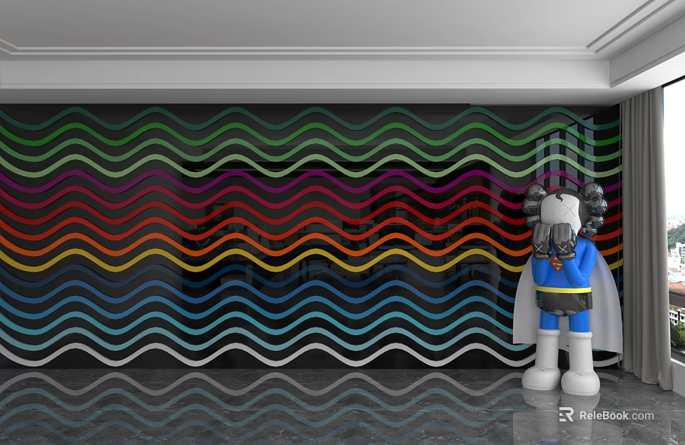 Vibrant Wavy Patterned Background Wall With Colorful Hues And Cartoon Figure 3d model 