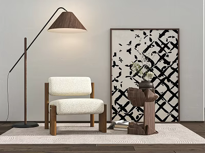 Modern Leisure Accent Chair with Floor Lamp Geometric Wall Art and Side Table on Rug 3d model