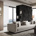 Modern Living Dining Room With Light Sofa Dark Stone Wall Large Windows And City View