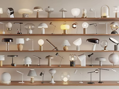 Various Modern Table Lamps With Different Designs And Styles On Display Shelves 3d model