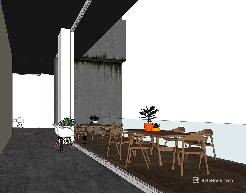 Modern Dining Table Set With Wooden Chairs And Potted Plants By Large Windows 3d model 