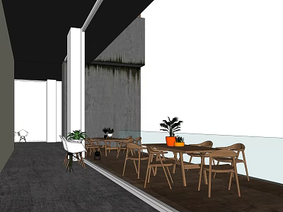 Modern Dining Table Set With Wooden Chairs And Potted Plants By Large Windows 3d model