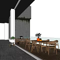 Modern Dining Table Set With Wooden Chairs And Potted Plants By Large Windows