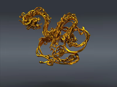 Ornate Golden Dragon 3D Model With Intricate Scales And Curved Tails 3d model