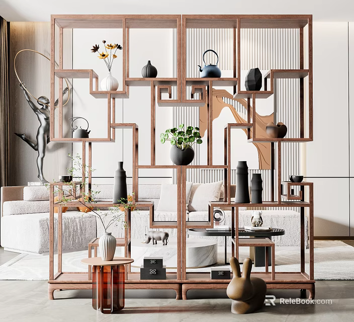 Chinese Wooden Openwork Tiered Display Shelf with Decorative Items and Green Plants in Living Room 3d model 