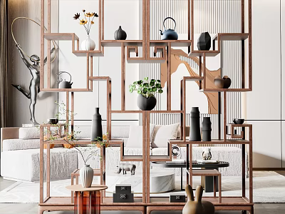Chinese Wooden Openwork Tiered Display Shelf with Decorative Items and Green Plants in Living Room 3d model