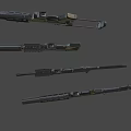 Four Black Tactical Rifles With Long Barrels Scopes And Magazines