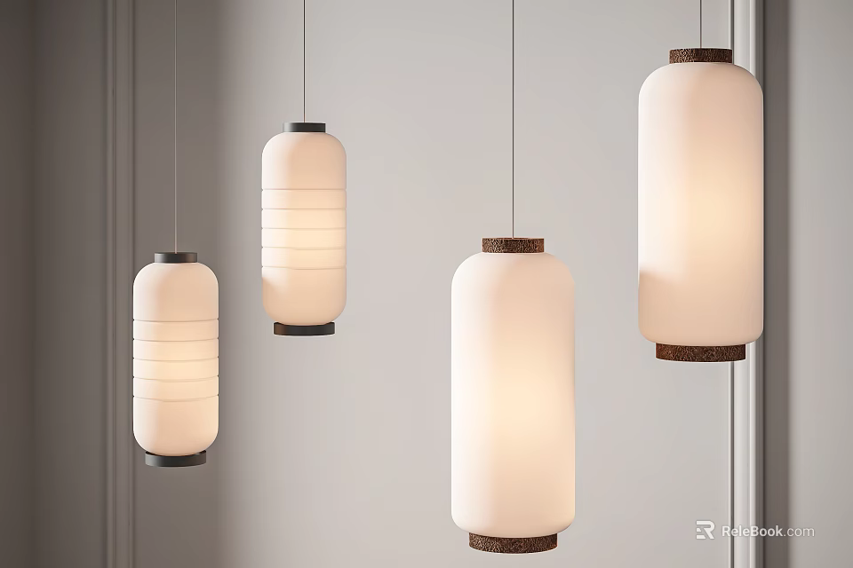 Modern Pendant Lights With White Shades And Dark Wooden Bases In Cylindrical Hanging Design 3d model 
