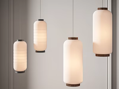 Modern Pendant Lights With White Shades And Dark Wooden Bases In Cylindrical Hanging Design 3d model