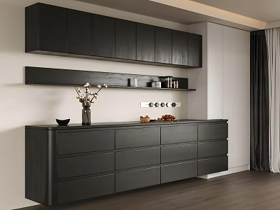 Modern Black Sideboard In Living Room Interior With Drawers And Decorative Items 3d model