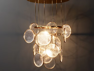 Modern Elegant Chandelier With Golden Metal Frame And Transparent Circular Glass Discs 3d model