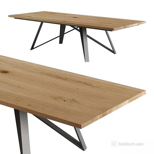 Modern Oak Dining Table With Wooden Tabletop And Metal Legs Design 3d model 