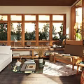 Lounge Room Interior With Wooden Screens Rattan Bean Bag Chair Green Plants Natural Light And Wooden Armchair