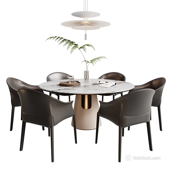 Modern Round Dining Set With Marble Top Black Leather Chairs White Base And Pendant Light 3d model 