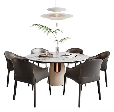 Modern Round Dining Set With Marble Top Black Leather Chairs White Base And Pendant Light 3d model