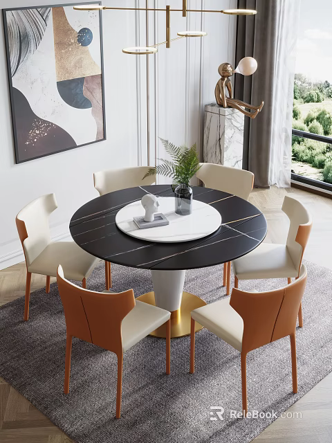 Round Marble Top Dining Table Set with Gold Base Beige Orange Chairs Green Decorative Plant 3d model 