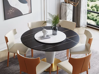 Round Marble Top Dining Table Set with Gold Base Beige Orange Chairs Green Decorative Plant 3d model