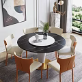 Round Marble Top Dining Table Set with Gold Base Beige Orange Chairs Green Decorative Plant