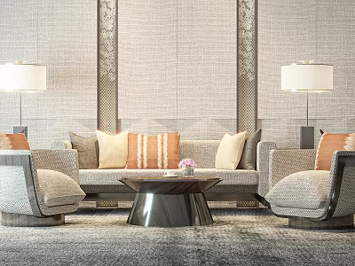Elegant Sofa And Coffee Table Set With Armchairs Pillows Floor Lamps And Textured Walls 3d model