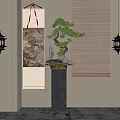 Traditional Bonsai Plant Display on Stone Pedestal with Scroll Painting Bamboo Blinds and Lanterns