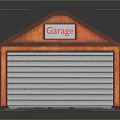 Small Wooden Garage With Red Roof White Roller Door And Blue Mat
