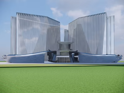 Modern Office Building Showcasing Unique Glass Curtain Walls And Green Lawn Front Design 3d model