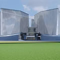 Modern Office Building Showcasing Unique Glass Curtain Walls And Green Lawn Front Design