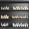 Black Shelf Display With Various White And Beige Candle Lamps In Different Sizes 3d model